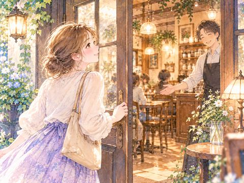 喫茶店の扉を開け笑顔の店員に迎えられる女性