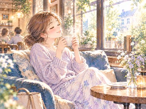 カフェの窓際のソファで飲み物を楽しみくつろぐ女性