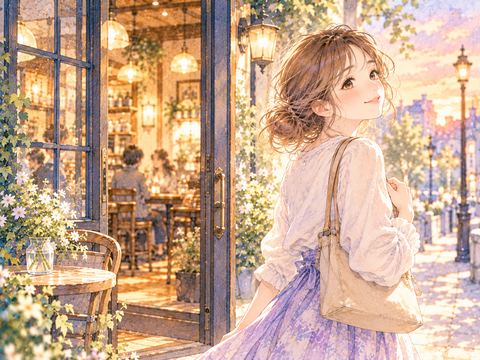 カフェを出て満足そうに振り返る大人の女性