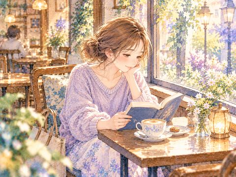 カフェの一人席で本を読みながら穏やかに過ごす女性