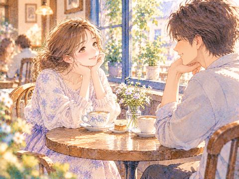 カフェで向かい合い笑顔で会話する大人の男女