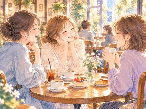 カフェのテーブルを囲んで楽しそうに話す女性の友達同士