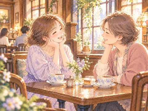 昔ながらの喫茶店で母親と向かい合い穏やかに話す女性