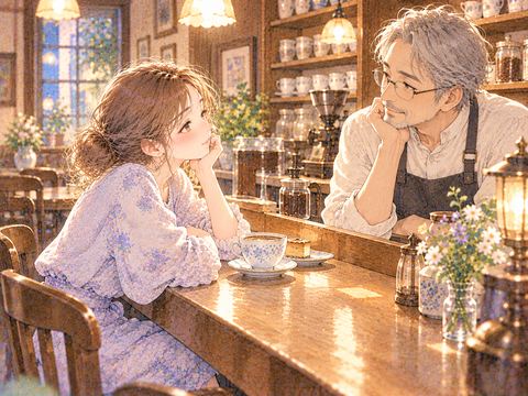 喫茶店のカウンターで優しいマスターに相談する女性