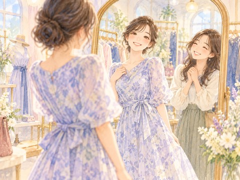 新しいワンピース姿を鏡で見て自信に満ちた笑顔になる女性