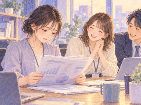 仕事の資料を持ち褒められても浮かない表情の女性