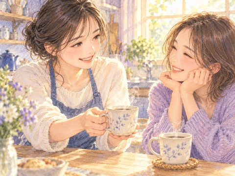 笑顔で友人を気遣う仕草を褒められ照れる女性