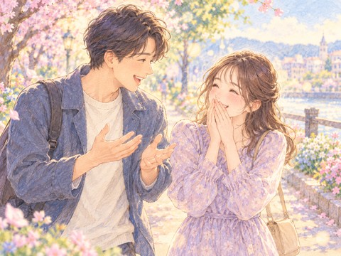 恋人に何度も褒められ嬉しそうに笑う女性