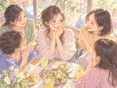 友人たちの前で褒められ照れながら微笑む女性