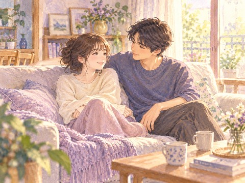 自宅のソファで恋人に微笑まれ安心する女性