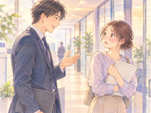 廊下で男性に褒められ思いがけず胸をときめかせる女性
