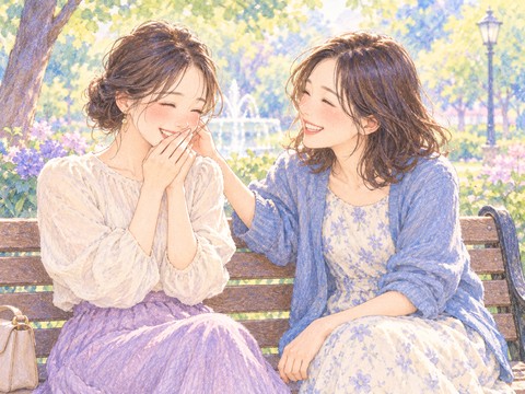 親しい女性の友達に褒められ笑い合う女性
