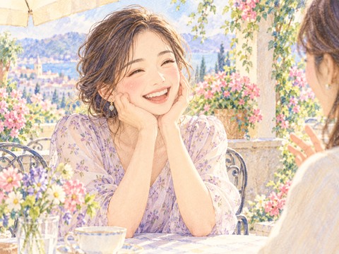 友人に可愛いと褒められ満面の笑みを浮かべる女性