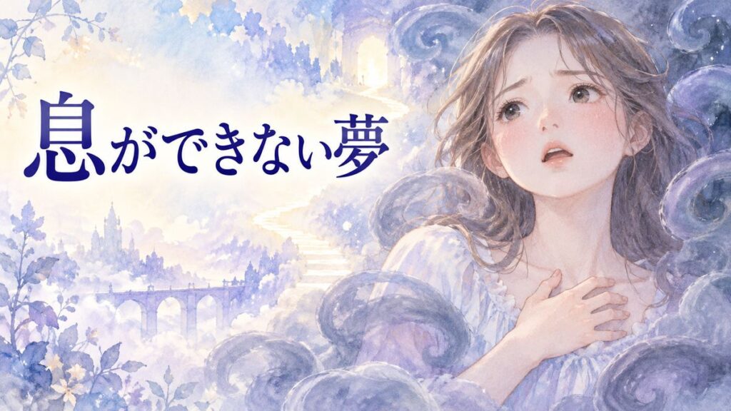 息苦しそうに胸に手を当てる女性と空気を求める夢の光景