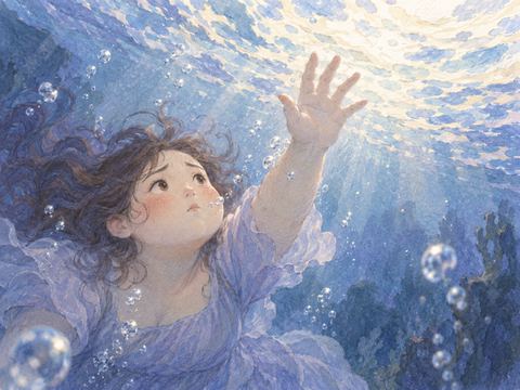 水中から明るい水面へ手を伸ばす息苦しそうな女性