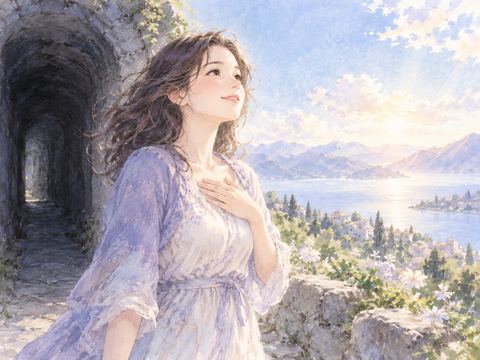 明るい空の下で深呼吸してほっと微笑む女性