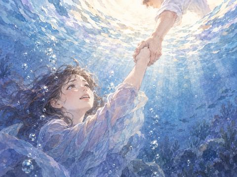 水中で息苦しそうな女性を水面へ引き上げる人