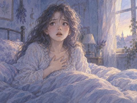 寝室のベッドで息苦しい夢から飛び起きる女性