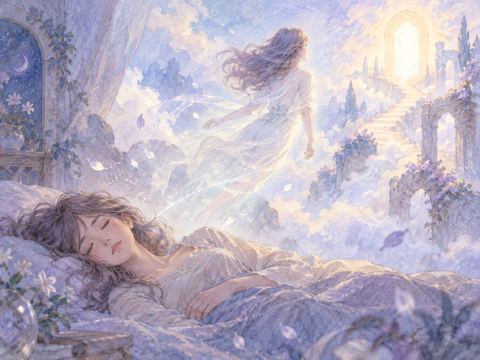 息ができず静かに倒れた女性と光へ向かう半透明の姿