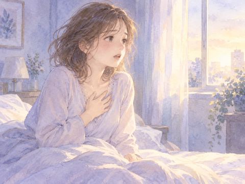 夜明けのベッドで胸に手を当て呼吸を確かめる女性