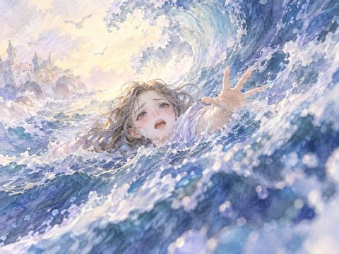 大きな波の中でもがき水面へ手を伸ばす女性
