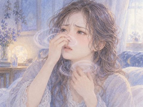 鼻と喉の詰まりに戸惑い呼吸しようとする女性