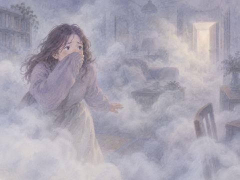 煙が充満する部屋で口元を覆い出口を探す女性