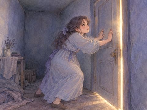 窓のない狭い部屋で扉を押して脱出を試みる女性