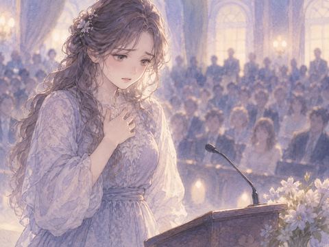 大勢の人の前で胸に手を当て息苦しそうにする女性