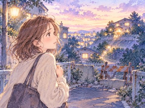 夕暮れの道で遠くの明かりがついた家を見つめる女性