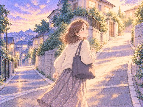 分かれ道で帰る方向を見つけ笑顔で歩き出す女性