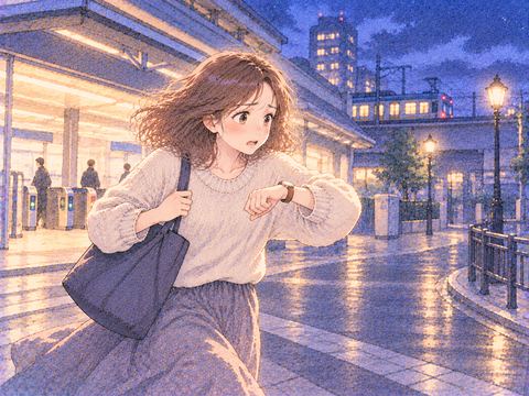 夜の駅前で時計を見ながら帰りを急ぐ女性