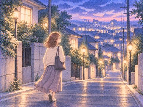 静かな帰り道を一人で歩き遠くの家を見つめる女性