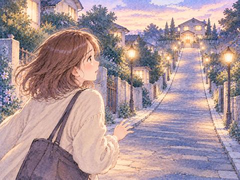 目の前に見える家へ続く長い道で立ち尽くす女性