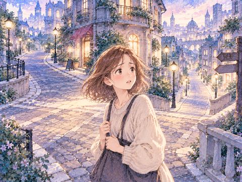 見知らぬ建物が並ぶ街の交差点で道を探す女性