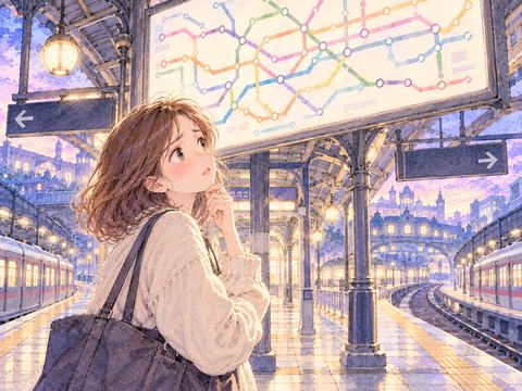 知らない駅のホームで路線図を見上げて迷う女性