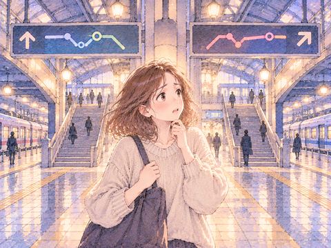 乗り換え駅の分かれた通路で行き先に迷う女性