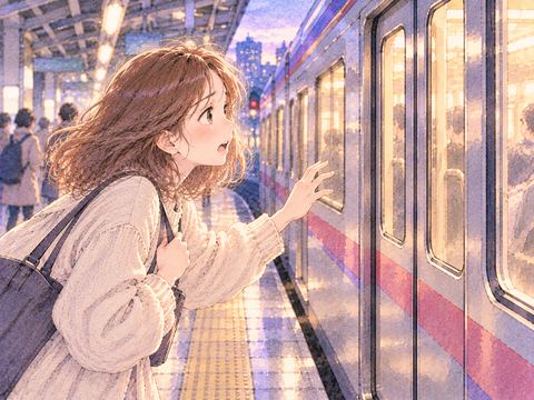 駅のホームで閉まった電車の扉を見つめる女性