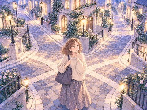 似た道が分岐する交差点で帰り道を探す女性