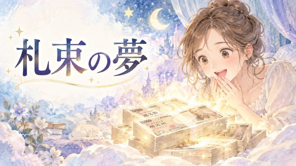 夢の中の札束を見つめる大人の女性