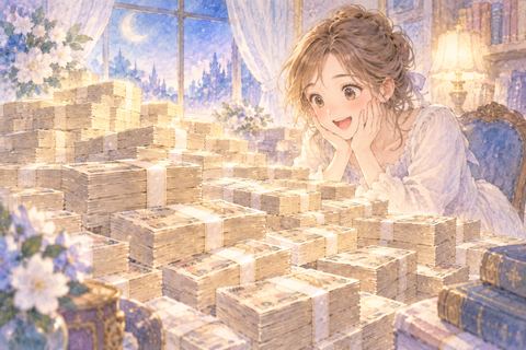 大量に積まれた札束を驚いて見つめる女性