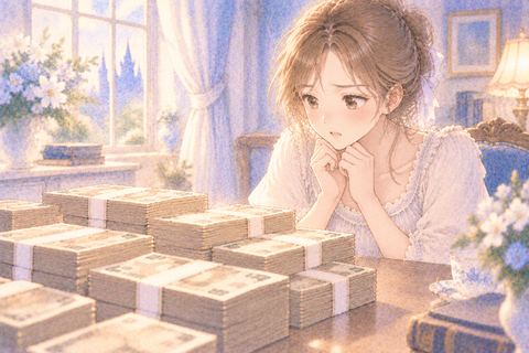 札束を前に不安そうに見つめる大人の女性