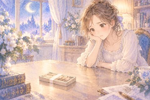 少ない札束を見て考え込む大人の女性