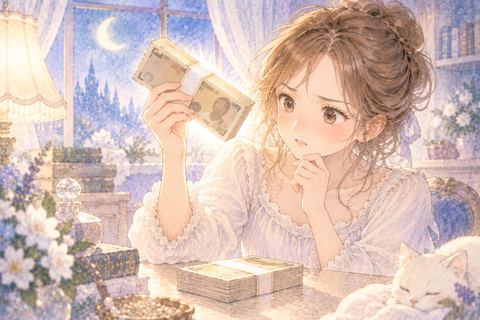 偽物らしい札束を確かめる大人の女性