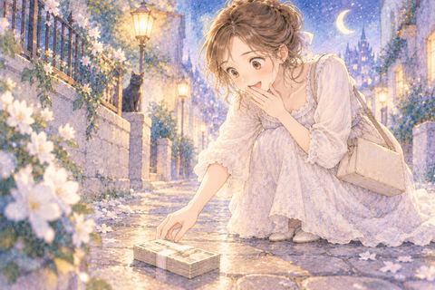 道に落ちた札束を見つけて拾う女性