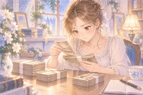 机で札束を一枚ずつ数える大人の女性