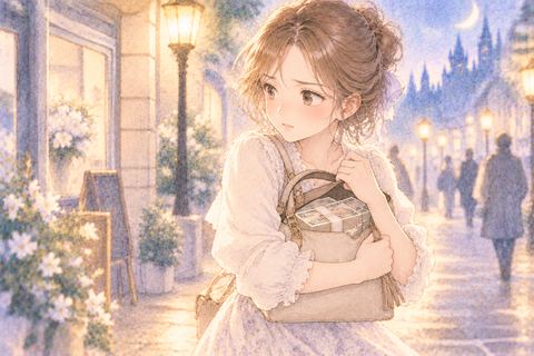 札束入りのバッグを大切に持つ女性
