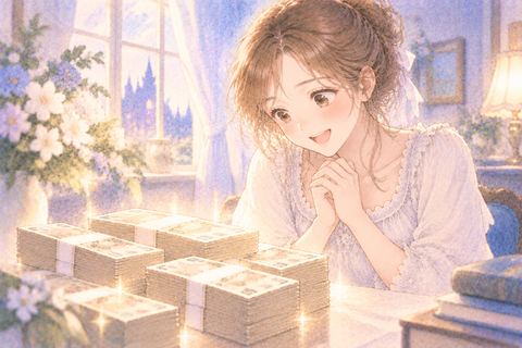札束を見て嬉しそうに微笑む大人の女性