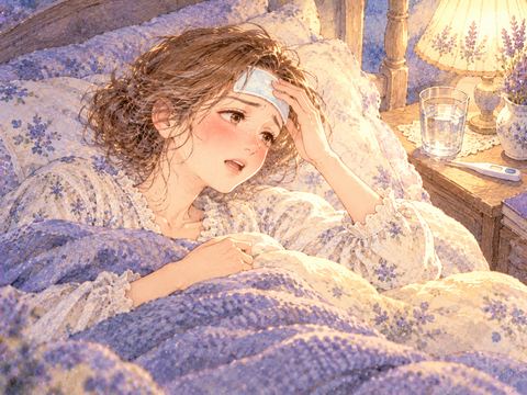 額に冷却シートを貼り高熱で苦しそうに横たわる女性
