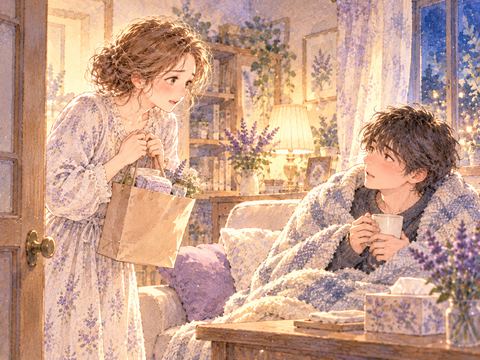 風邪をひいた好きな男性を心配してお見舞いに来た女性